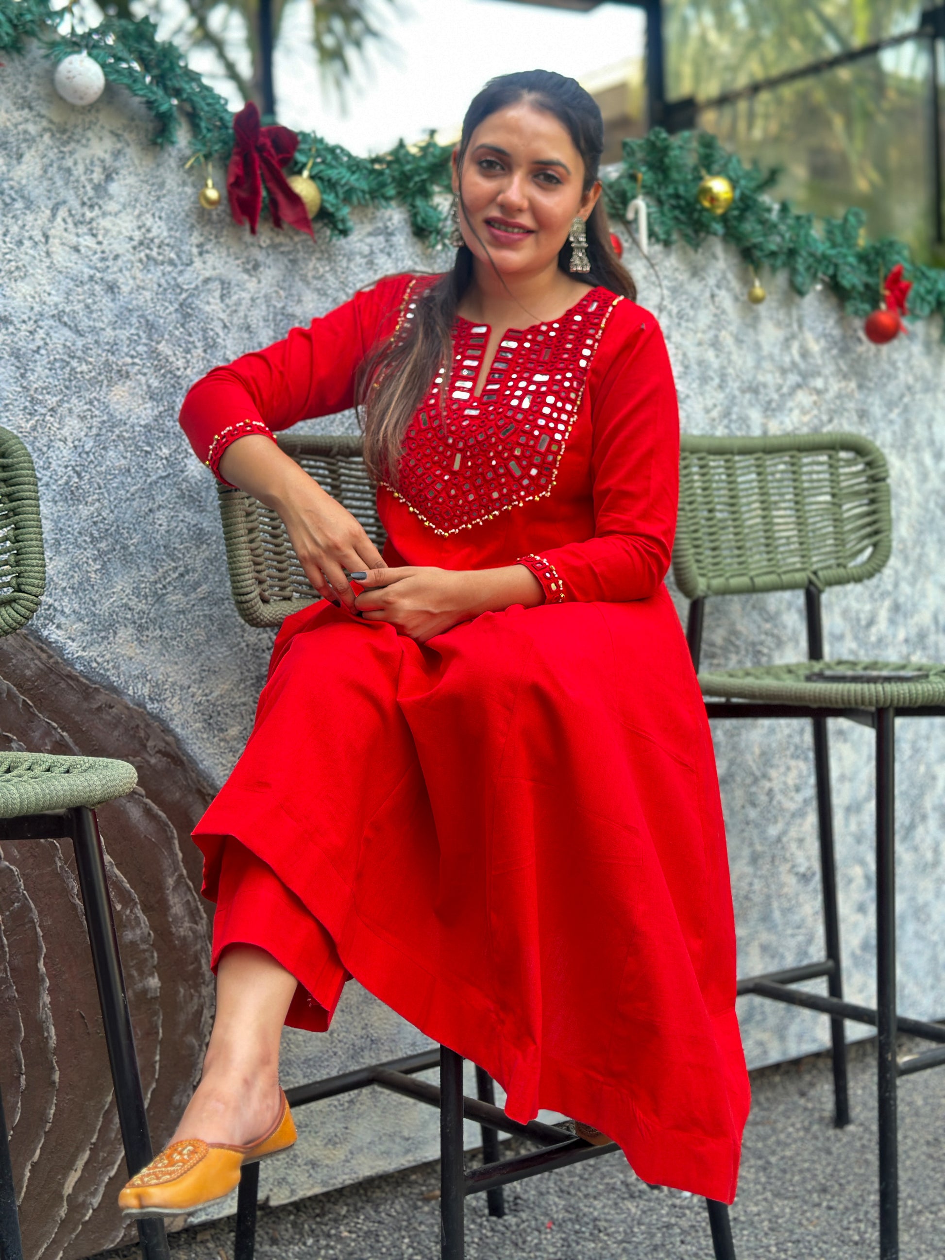 Scarlet Radiance Hand-Woven Cotton Kurta & Pant Set with Authentic Mirror Work- AABHALA COLLECTION