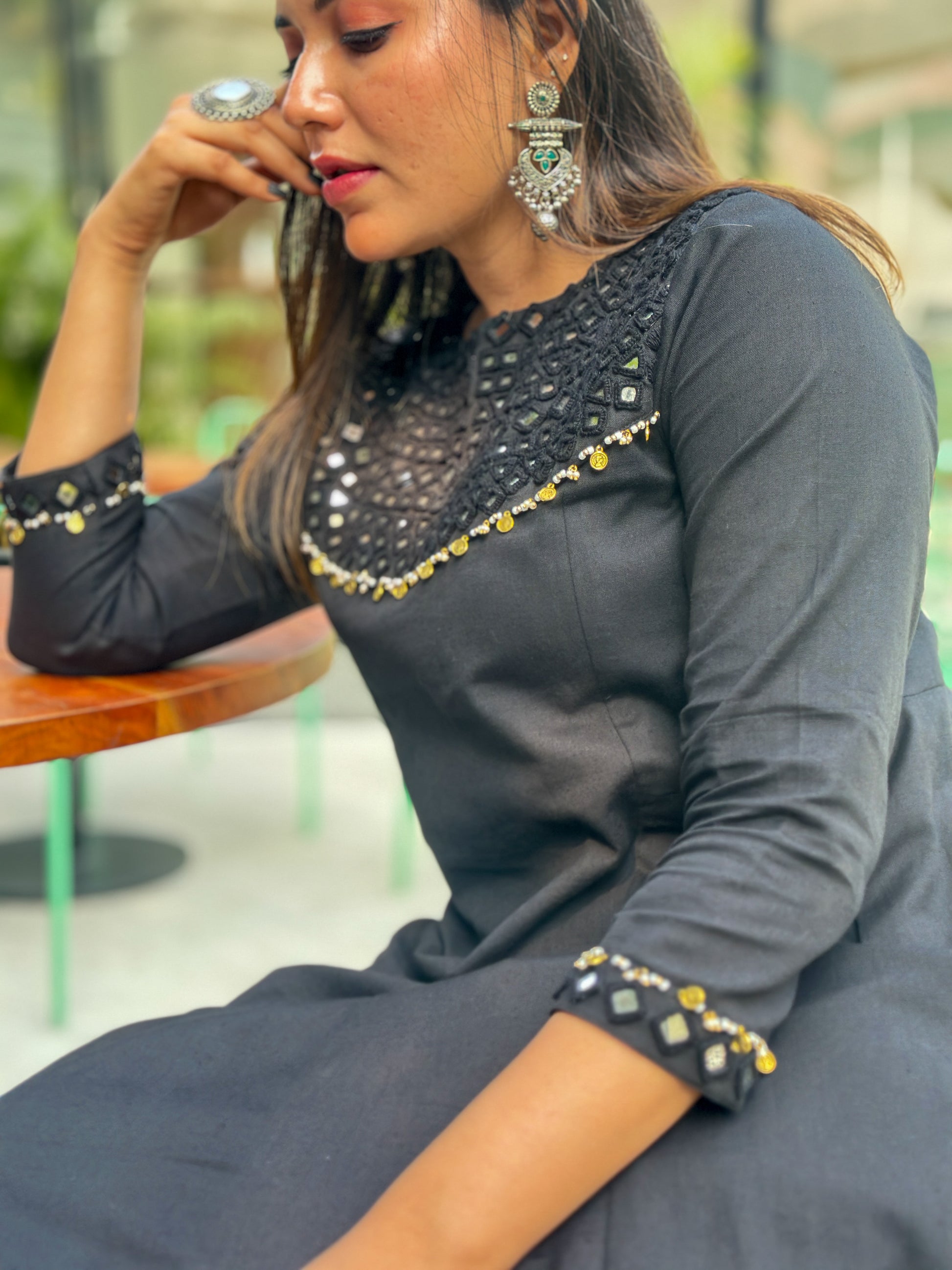 Midnight Mirror Hand-Woven Cotton Kurta & Straight Pant Set - AABHALA COLLECTION