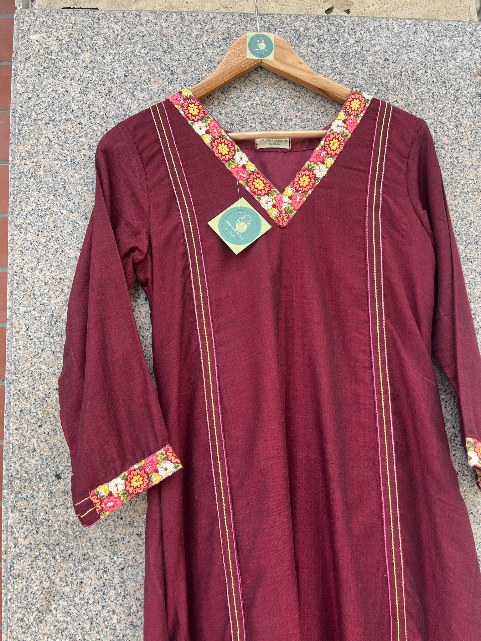 V- NECK MAROON KHADI COTTON A-LINE KURTI - handmadeaholicmishka