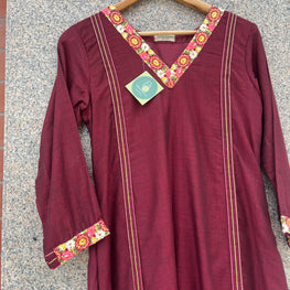 V- NECK MAROON KHADI COTTON A-LINE KURTI - handmadeaholicmishka