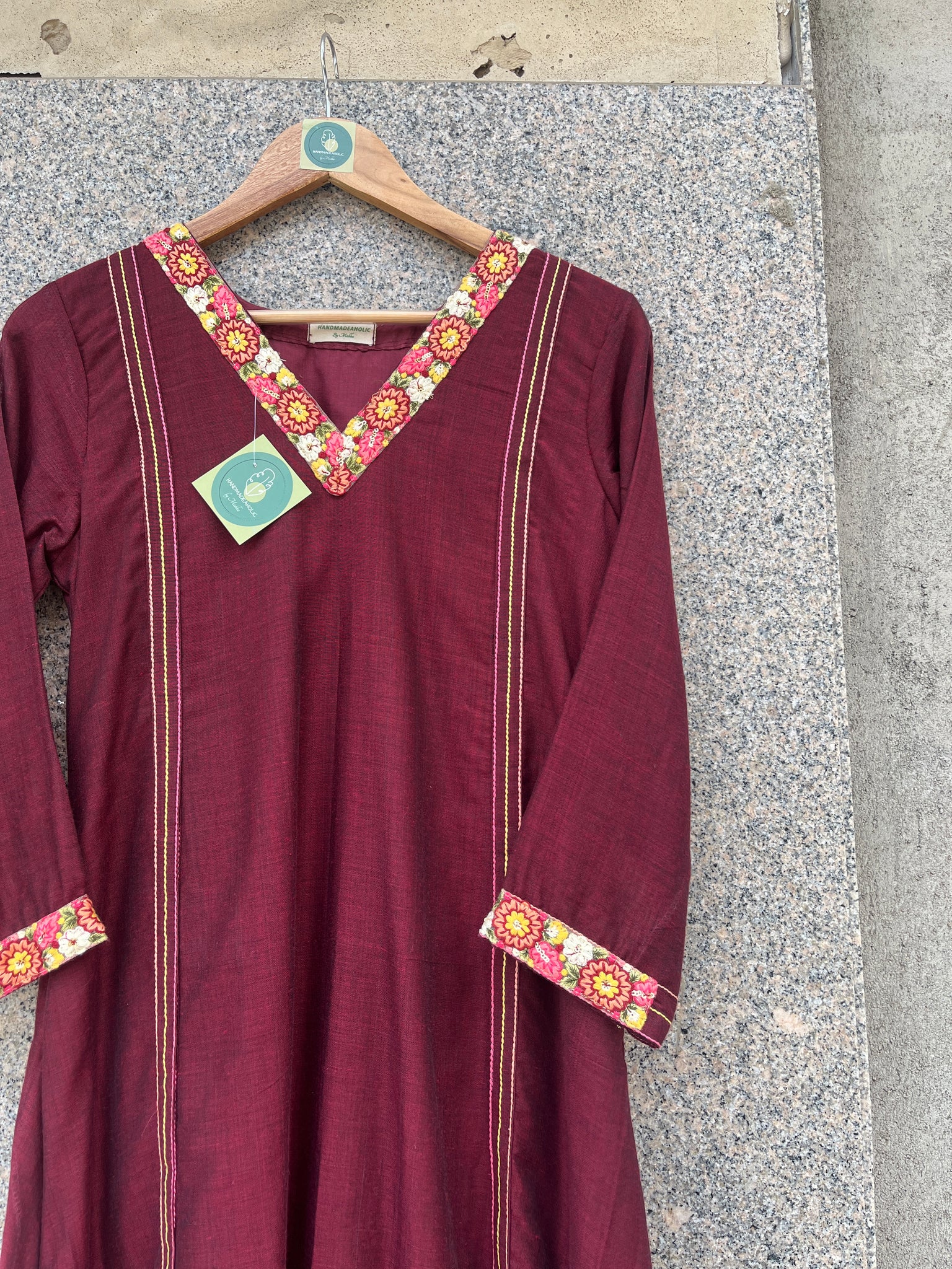 V- NECK MAROON KHADI COTTON A-LINE KURTI - handmadeaholicmishka