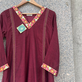 V- NECK MAROON KHADI COTTON A-LINE KURTI - handmadeaholicmishka