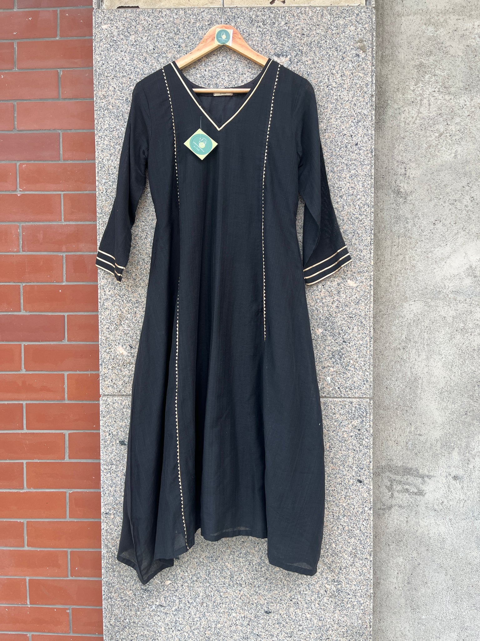 V- NECK BLACK KHADI COTTON A-LINE KURTI - handmadeaholicmishka