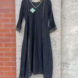 V- NECK BLACK KHADI COTTON A-LINE KURTI - handmadeaholicmishka