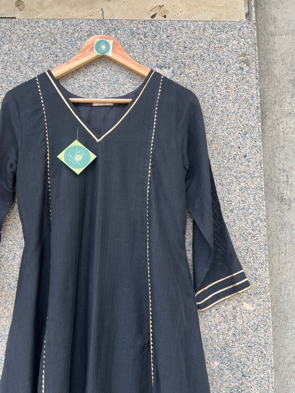 V- NECK BLACK KHADI COTTON A-LINE KURTI - handmadeaholicmishka