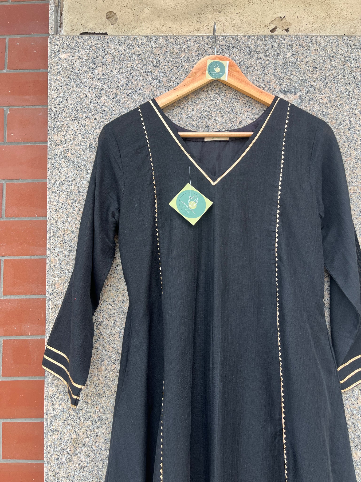 V- NECK BLACK KHADI COTTON A-LINE KURTI - handmadeaholicmishka