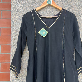 V- NECK BLACK KHADI COTTON A-LINE KURTI - handmadeaholicmishka