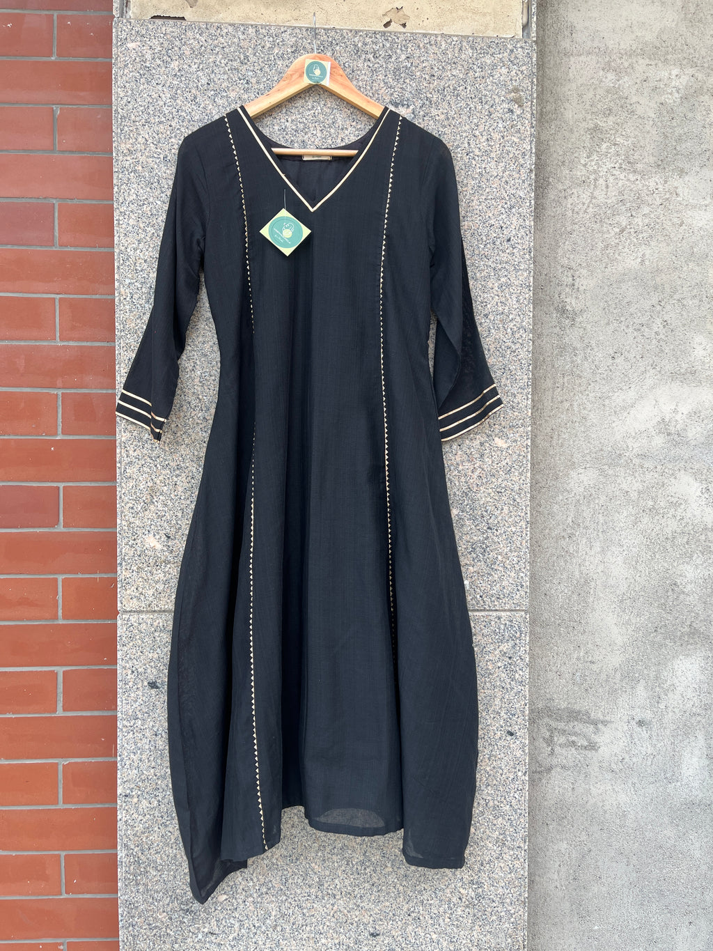 V- NECK BLACK KHADI COTTON A-LINE KURTI - handmadeaholicmishka