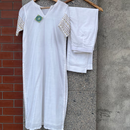 WHITE V- NECK STRAIGHT CUT KURTI AND PANT - handmadeaholicmishka