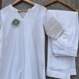 WHITE V- NECK STRAIGHT CUT KURTI AND PANT - handmadeaholicmishka