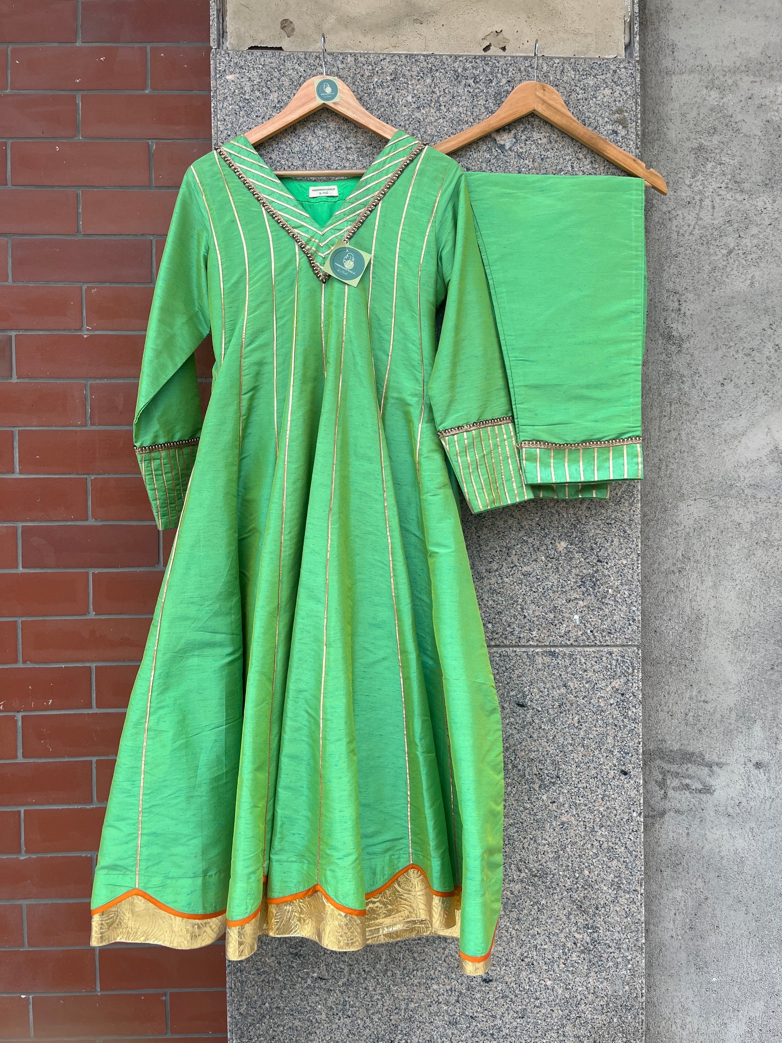 PASTEL GREEN HANDEWORK ANARKALI SUIT SET - handmadeaholicmishka