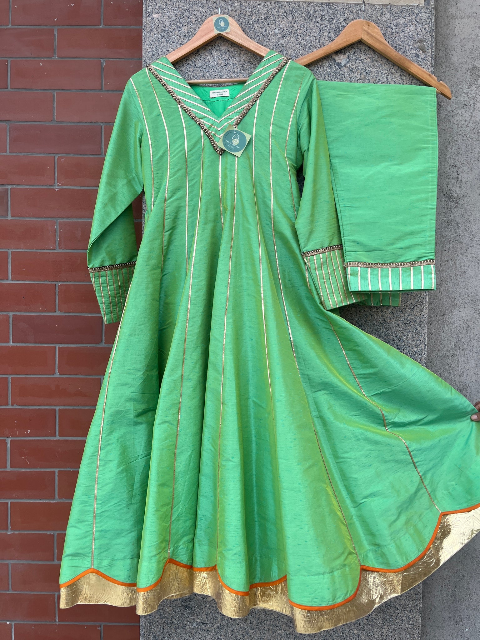 PASTEL GREEN HANDEWORK ANARKALI SUIT SET - handmadeaholicmishka