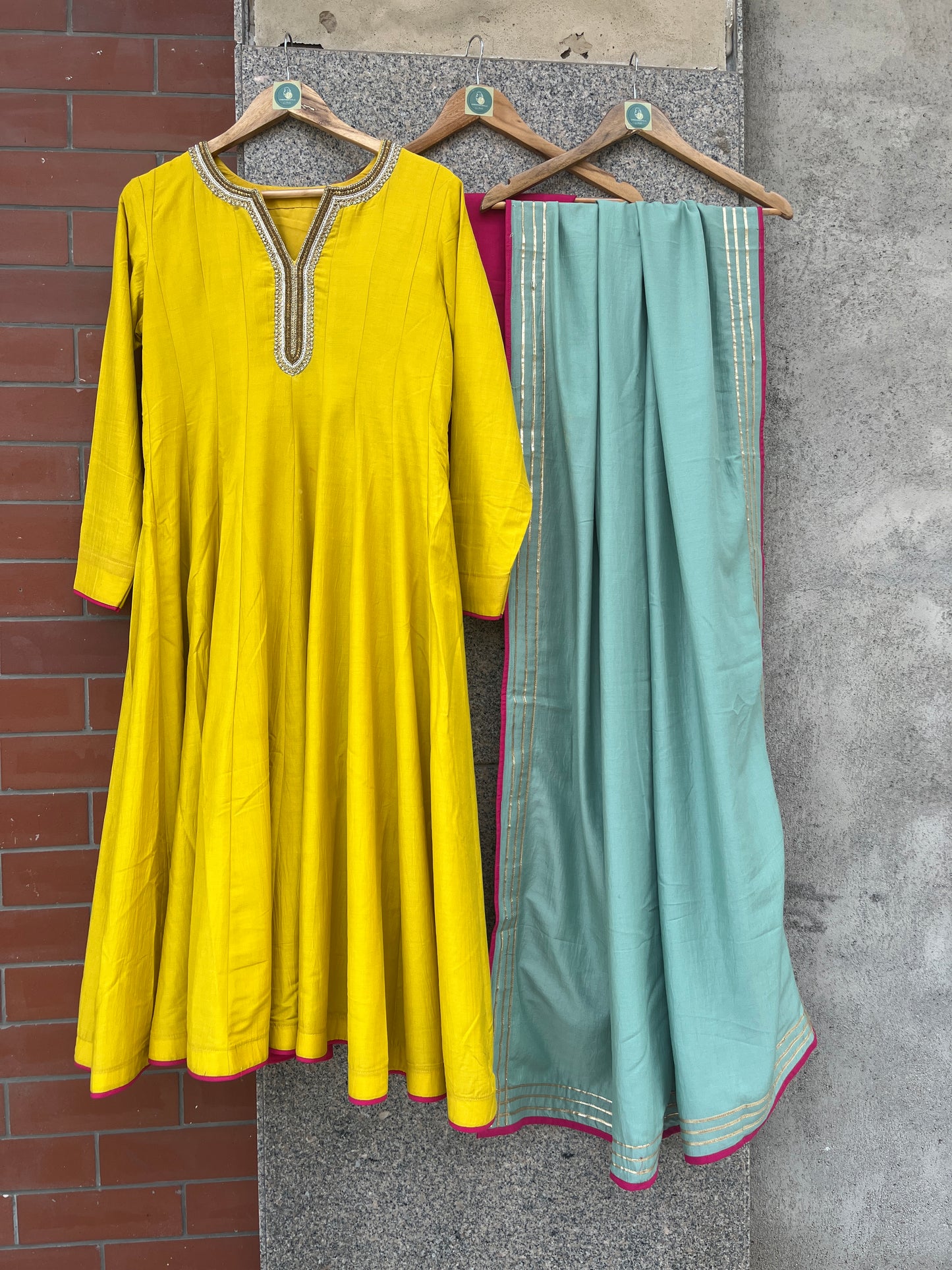 YELLOW AND PINK HANDWORK ANARKALI SUIT SET