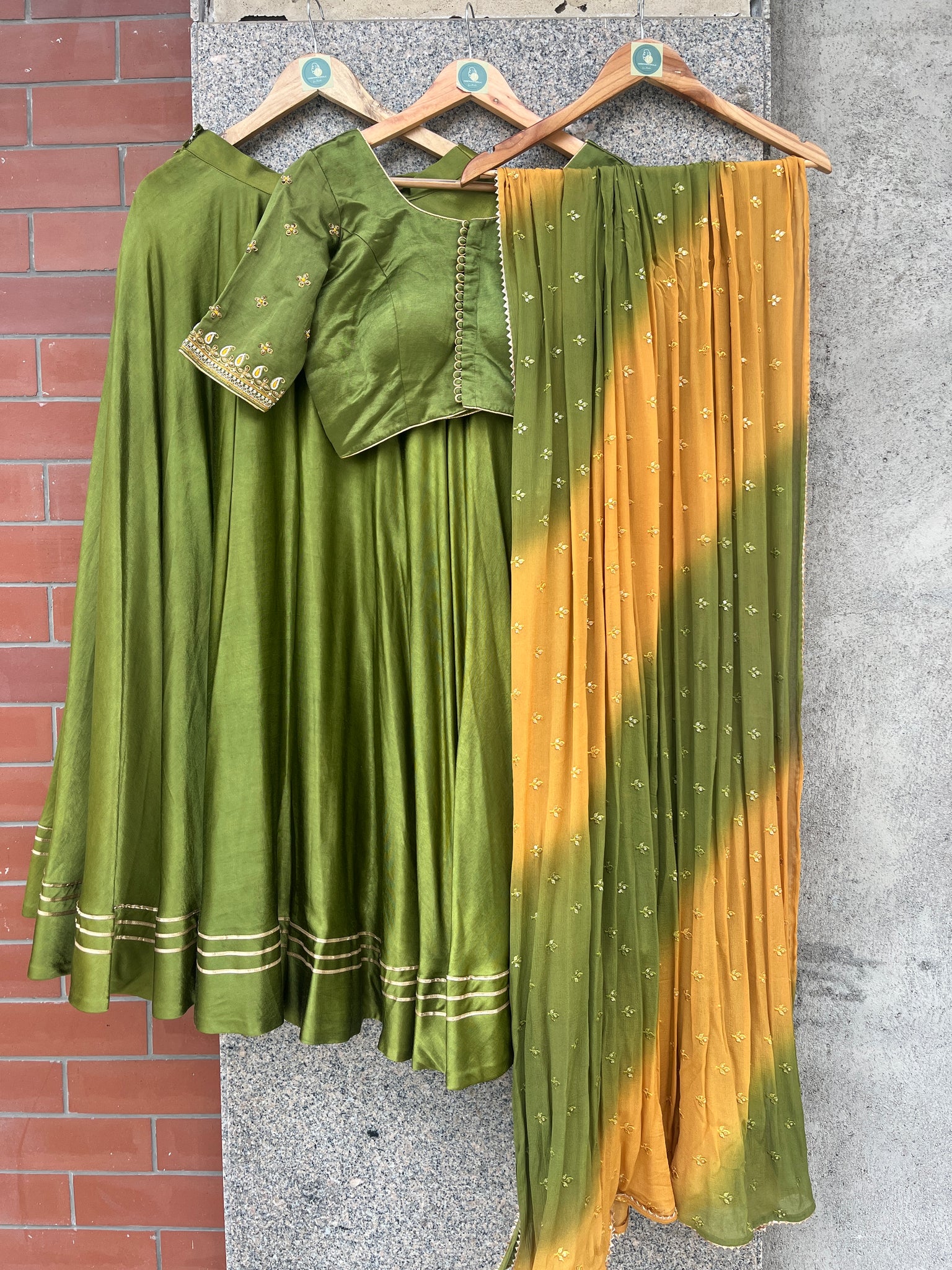 MAHENDI GREEN AND YELLOW GAJI SILK CHANIYA CHOLI - handmadeaholicmishka