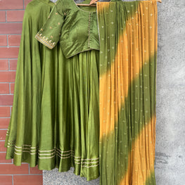 MAHENDI GREEN AND YELLOW GAJI SILK CHANIYA CHOLI - handmadeaholicmishka