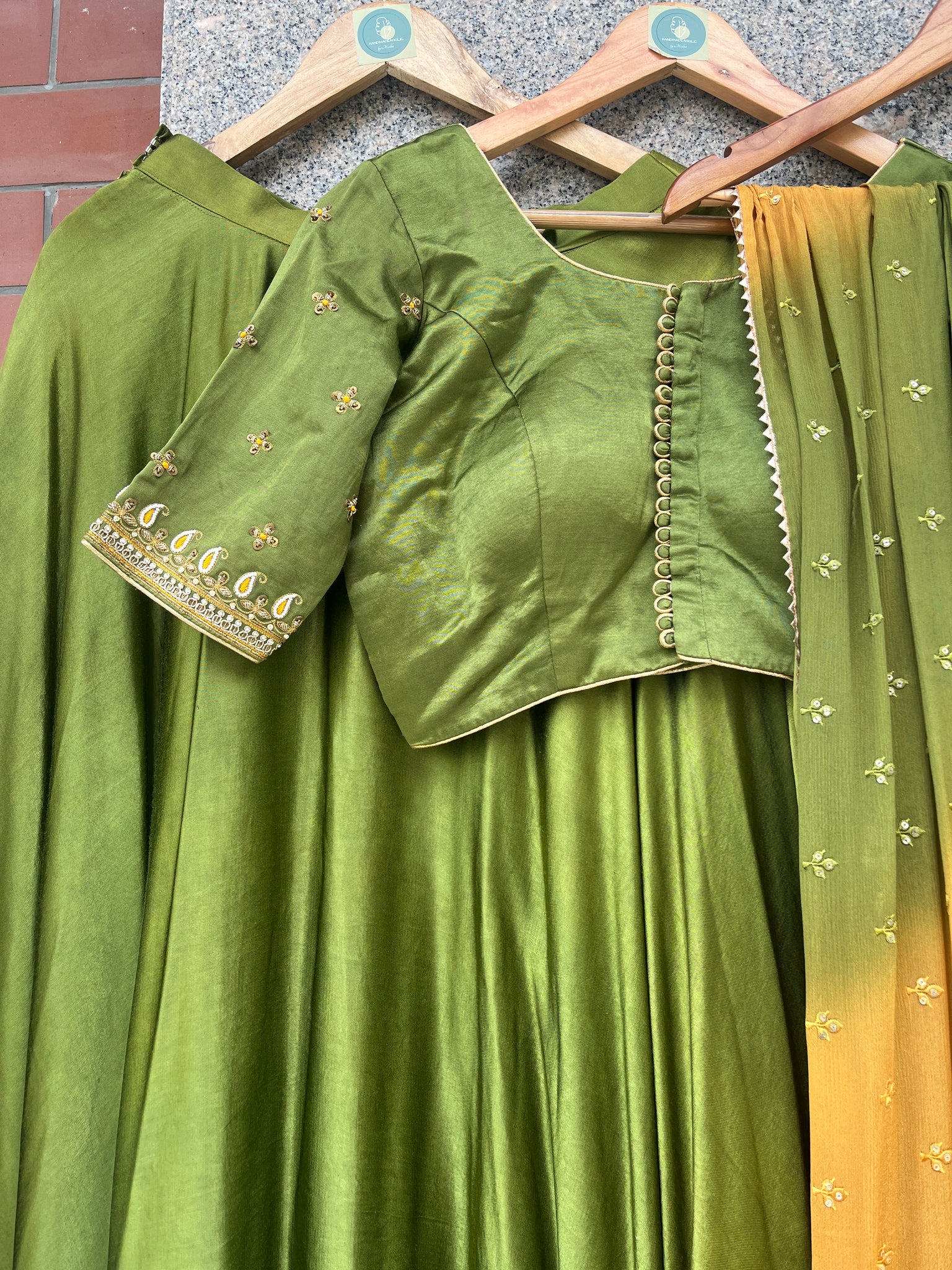 MAHENDI GREEN AND YELLOW GAJI SILK CHANIYA CHOLI - handmadeaholicmishka