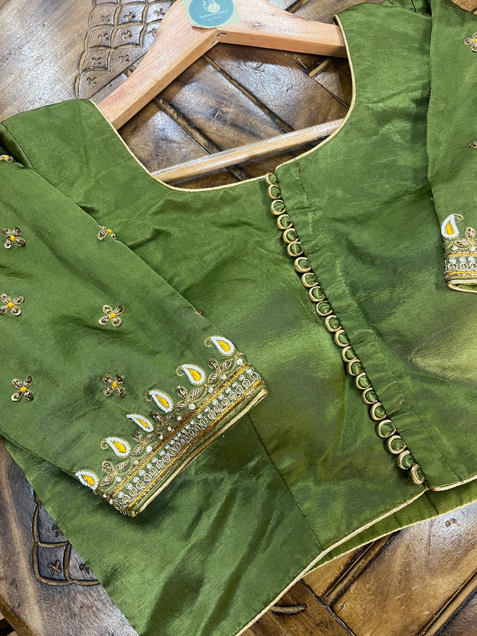 MAHENDI GREEN HANDWORK GAJI SILK BLOUSE - handmadeaholicmishka