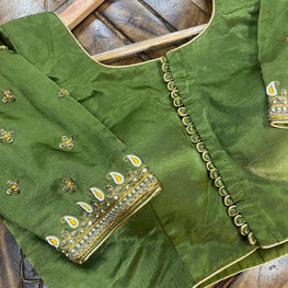 MAHENDI GREEN HANDWORK GAJI SILK BLOUSE - handmadeaholicmishka