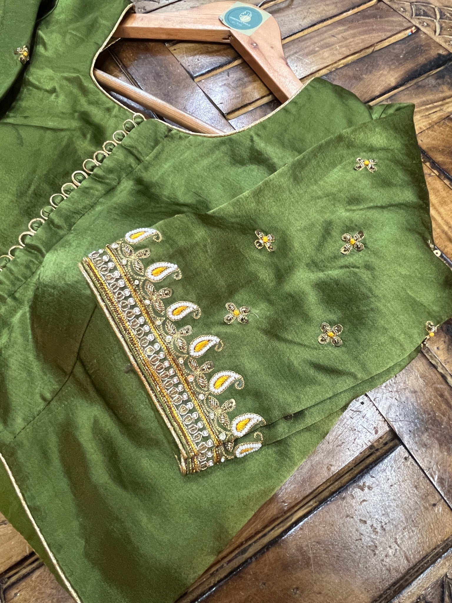 MAHENDI GREEN HANDWORK GAJI SILK BLOUSE - handmadeaholicmishka