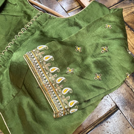 MAHENDI GREEN HANDWORK GAJI SILK BLOUSE - handmadeaholicmishka