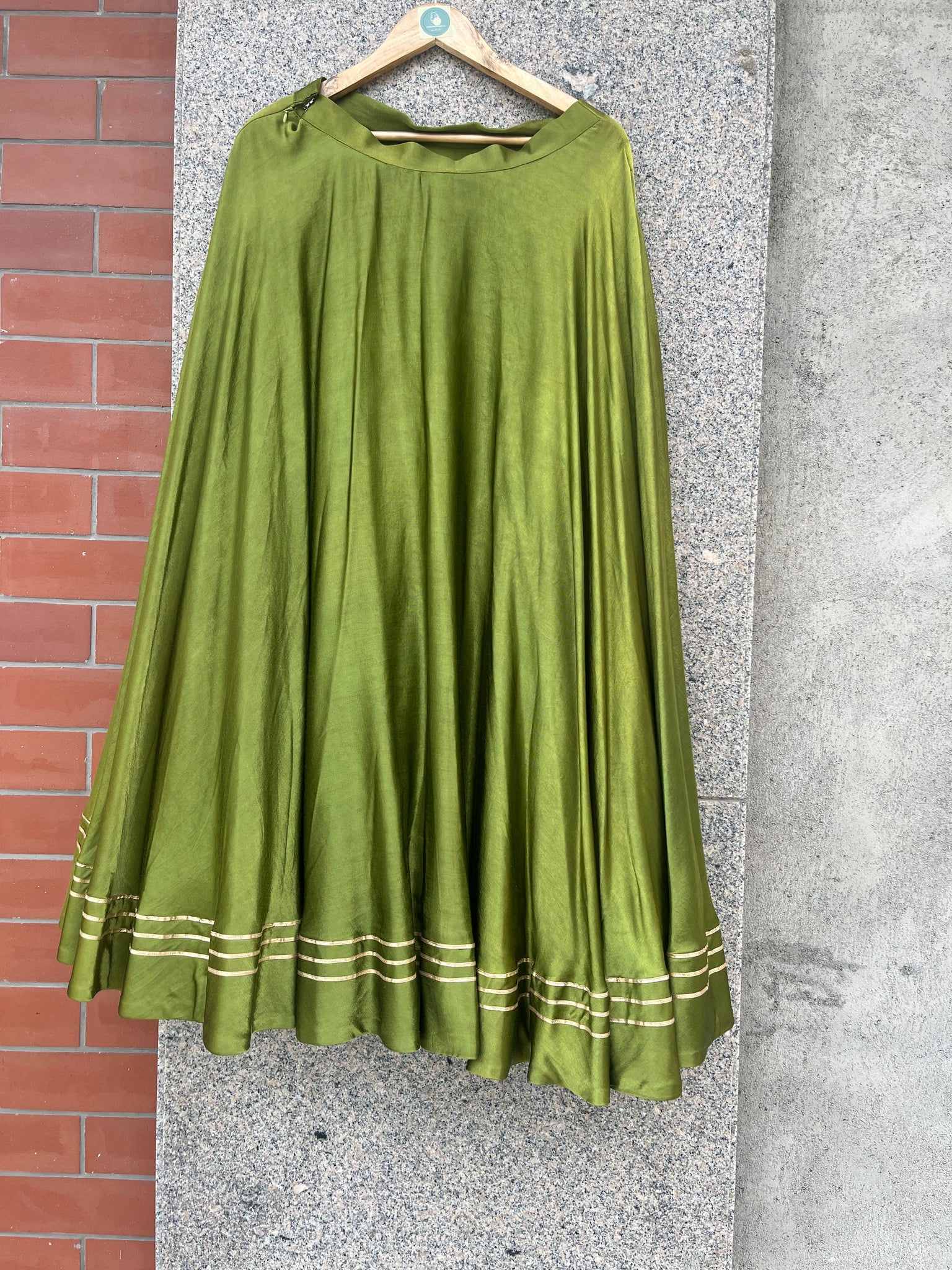 DOUBLE UMBRELLA MAHENDI GREEN GAJI SILK SKIRT - handmadeaholicmishka