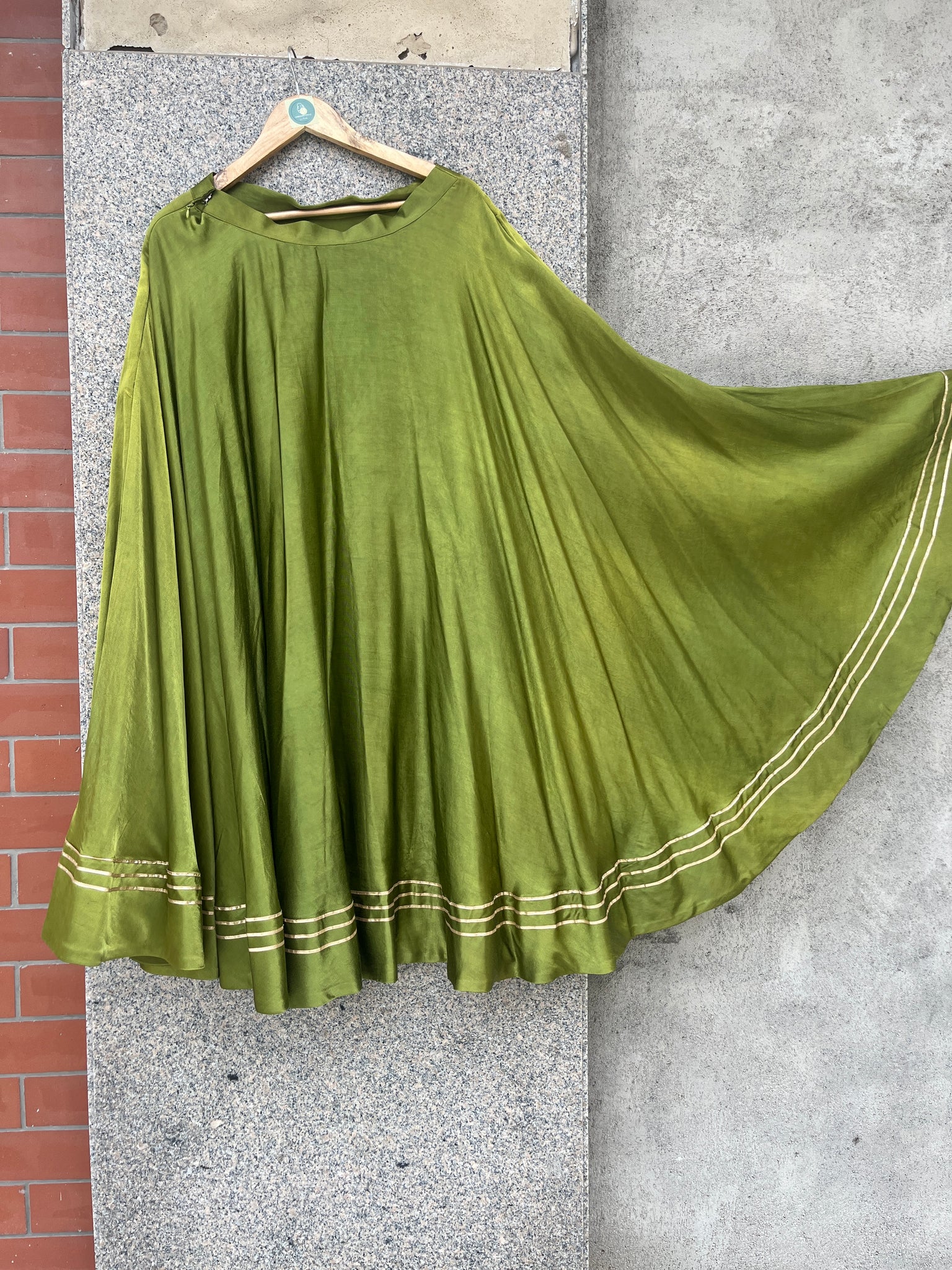 DOUBLE UMBRELLA MAHENDI GREEN GAJI SILK SKIRT - handmadeaholicmishka