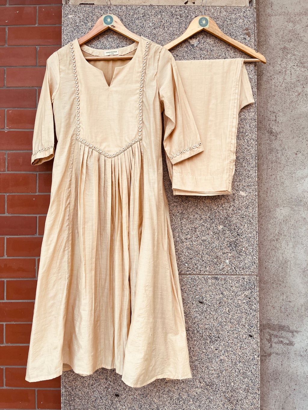 BEIGE COLOR MIRROR WORK CHANDERI SILK DRESS WITH PANT HANDMADEAHOLIC BY MISHKA
