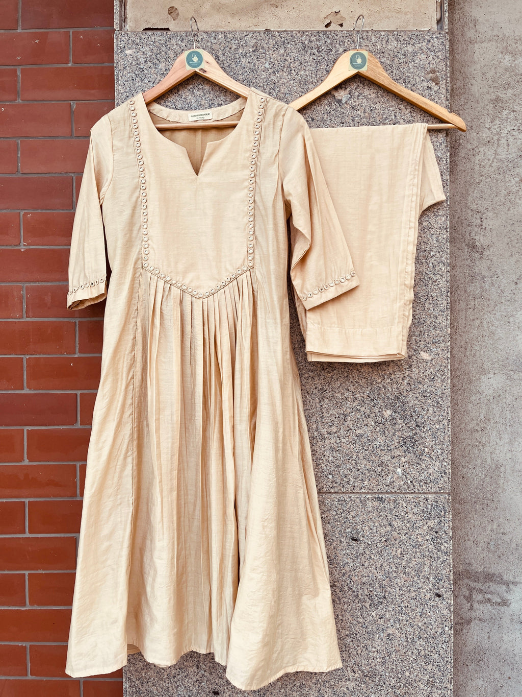BEIGE COLOR MIRROR WORK CHANDERI SILK DRESS WITH PANT HANDMADEAHOLIC BY MISHKA