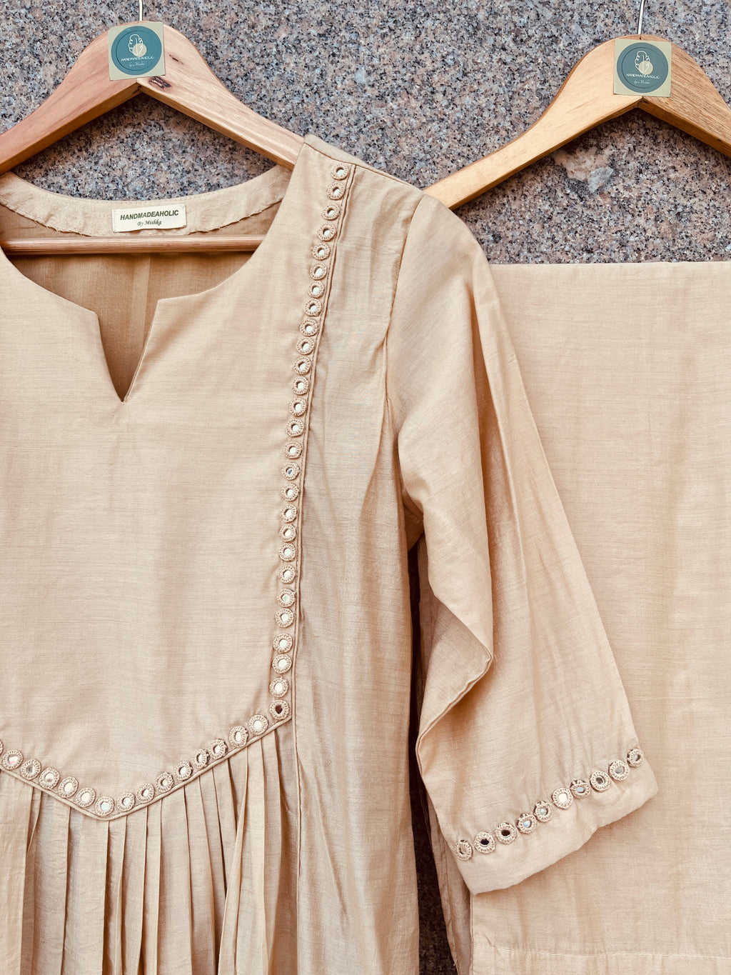 BEIGE COLOR MIRROR WORK CHANDERI SILK DRESS WITH PANT HANDMADEAHOLIC BY MISHKA