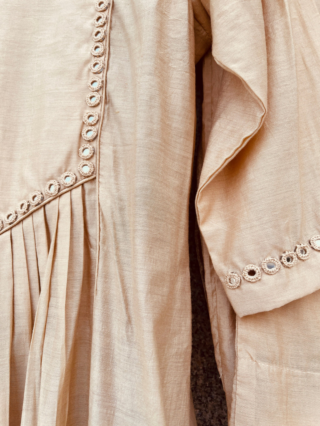 BEIGE COLOR MIRROR WORK CHANDERI SILK DRESS WITH PANT HANDMADEAHOLIC BY MISHKA