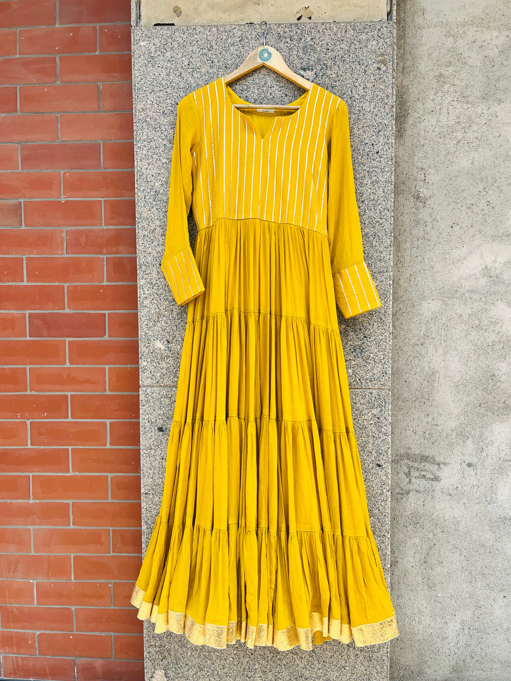 YELLOW COLOR CHINON FABRIC WITH GOTA LACE FULL SLEEVE GOWN HANDMADEAHOLIC BY MISHKA