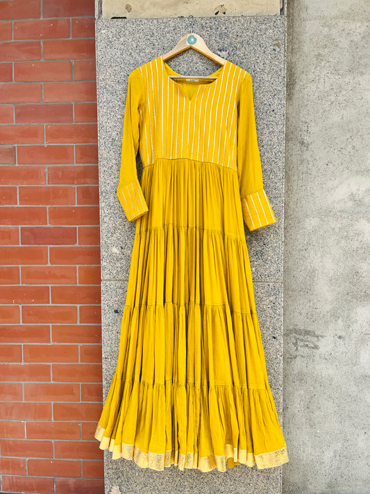 YELLOW COLOR CHINON FABRIC WITH GOTA LACE FULL SLEEVE GOWN