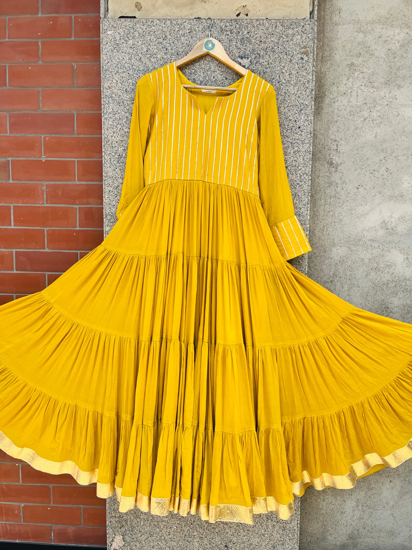 YELLOW COLOR CHINON FABRIC WITH GOTA LACE FULL SLEEVE GOWN