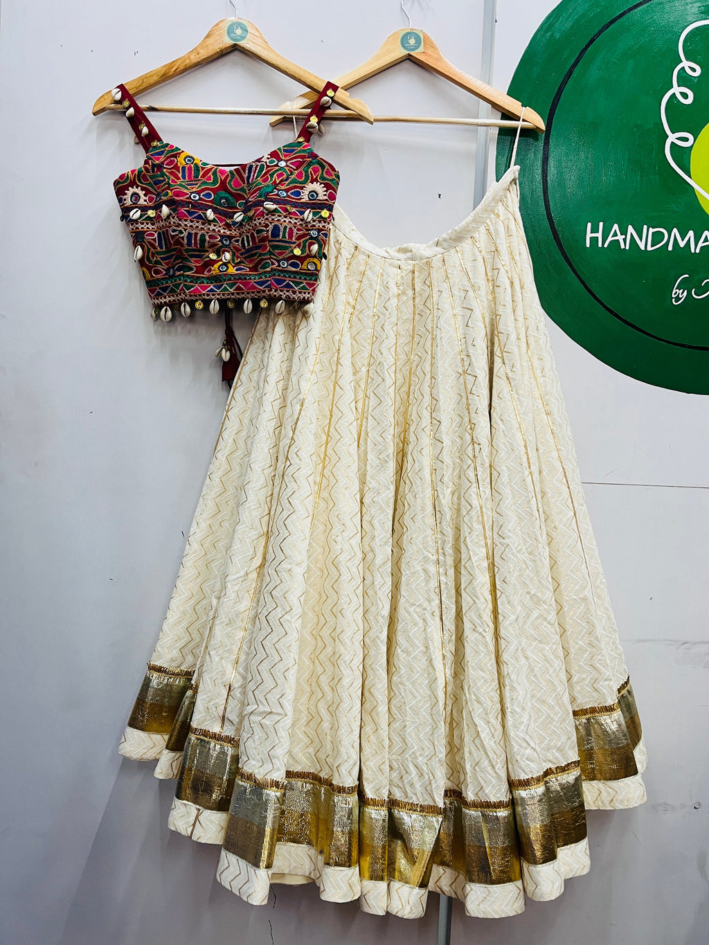 OFF WHITE AND GREEN BANDHANI CHANIYA CHOLI HANDMADEAHOLIC BY MISHKA