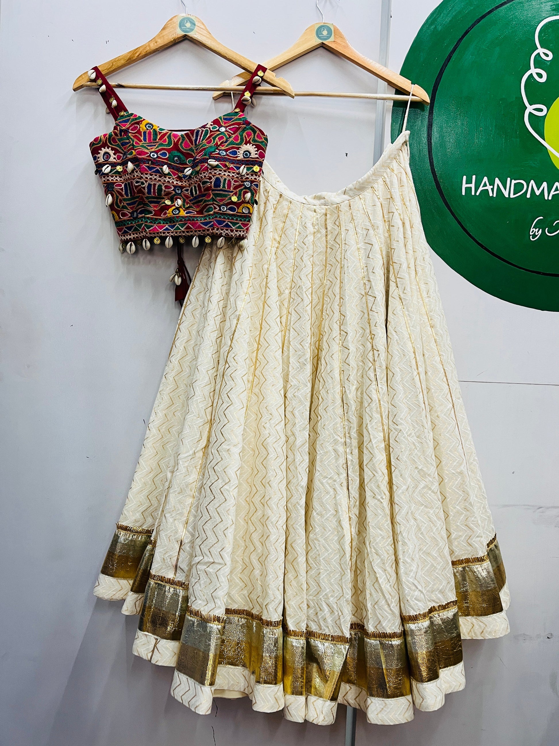 OFF WHITE AND GREEN BANDHANI CHANIYA CHOLI HANDMADEAHOLIC BY MISHKA