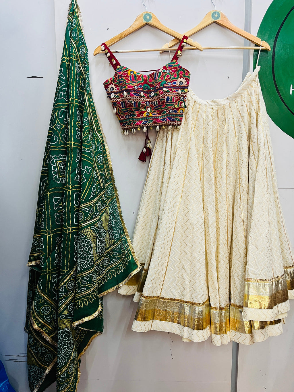 OFF WHITE AND GREEN BANDHANI CHANIYA CHOLI HANDMADEAHOLIC BY MISHKA