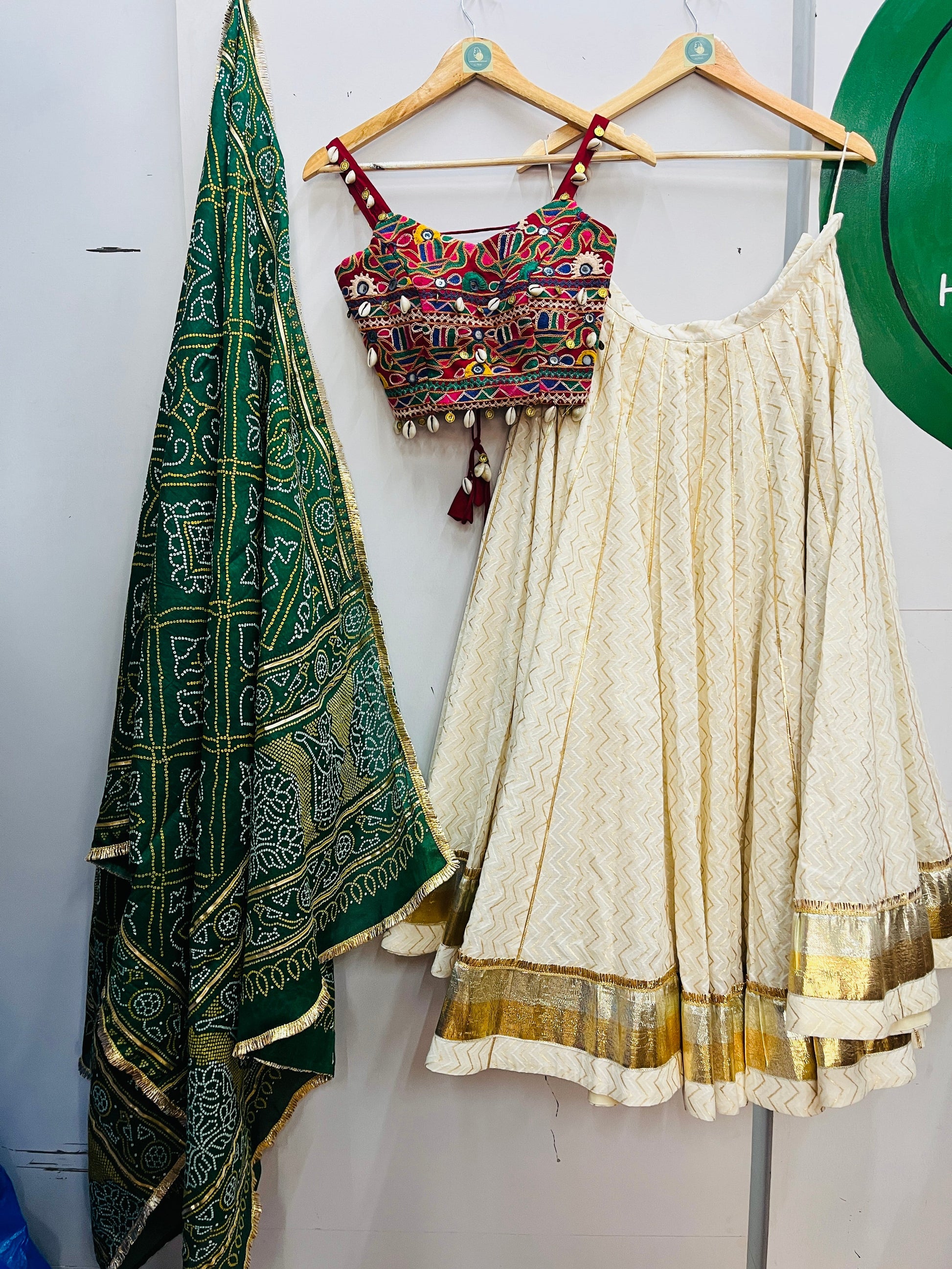 OFF WHITE AND GREEN BANDHANI CHANIYA CHOLI HANDMADEAHOLIC BY MISHKA