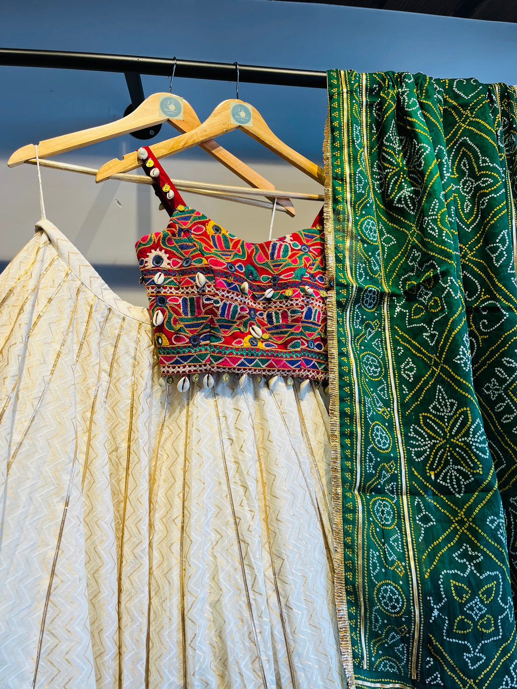 OFF WHITE AND GREEN BANDHANI CHANIYA CHOLI HANDMADEAHOLIC BY MISHKA