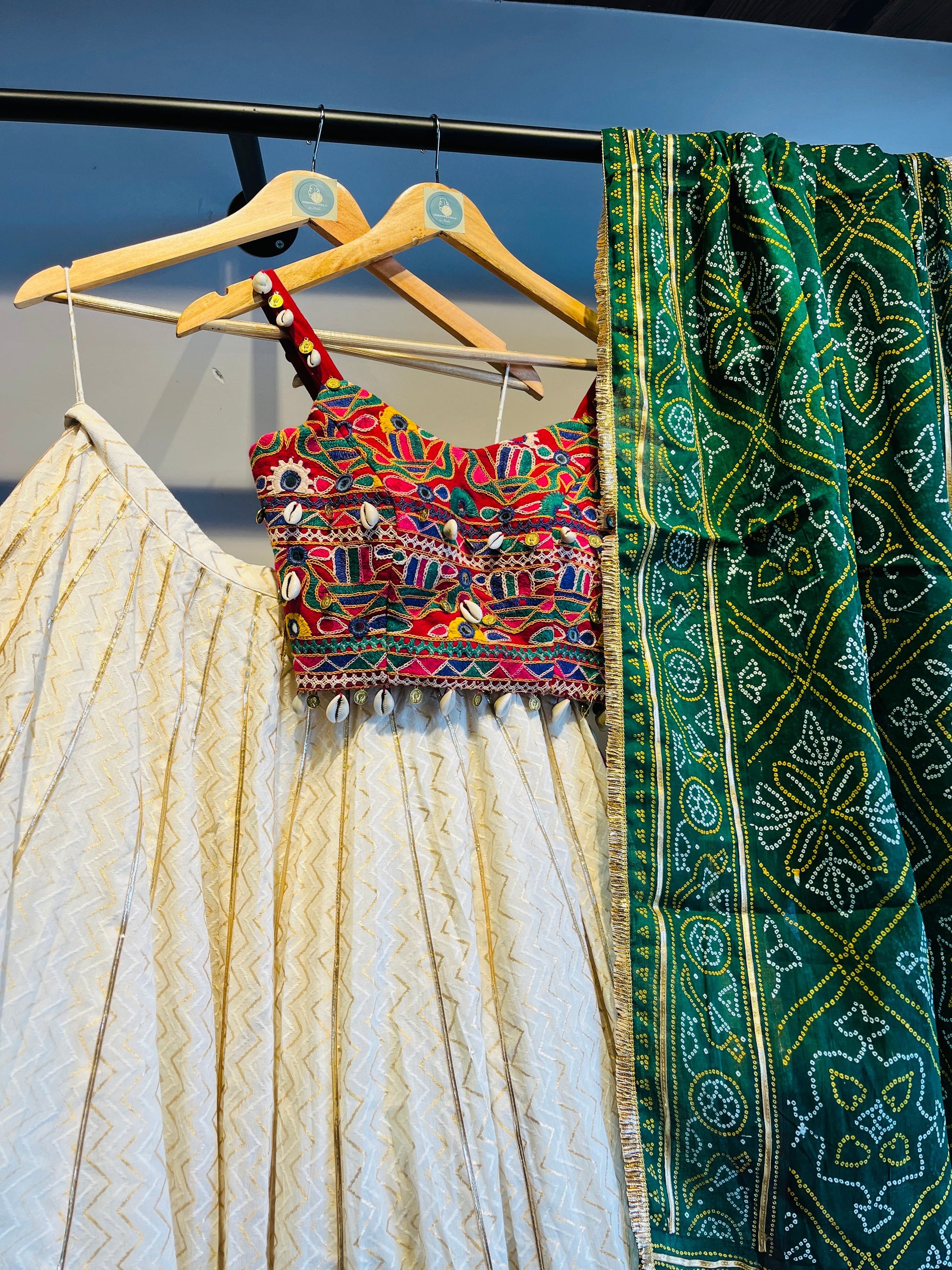 OFF WHITE AND GREEN BANDHANI CHANIYA CHOLI HANDMADEAHOLIC BY MISHKA