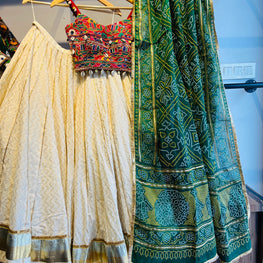 OFF WHITE AND GREEN BANDHANI CHANIYA CHOLI HANDMADEAHOLIC BY MISHKA