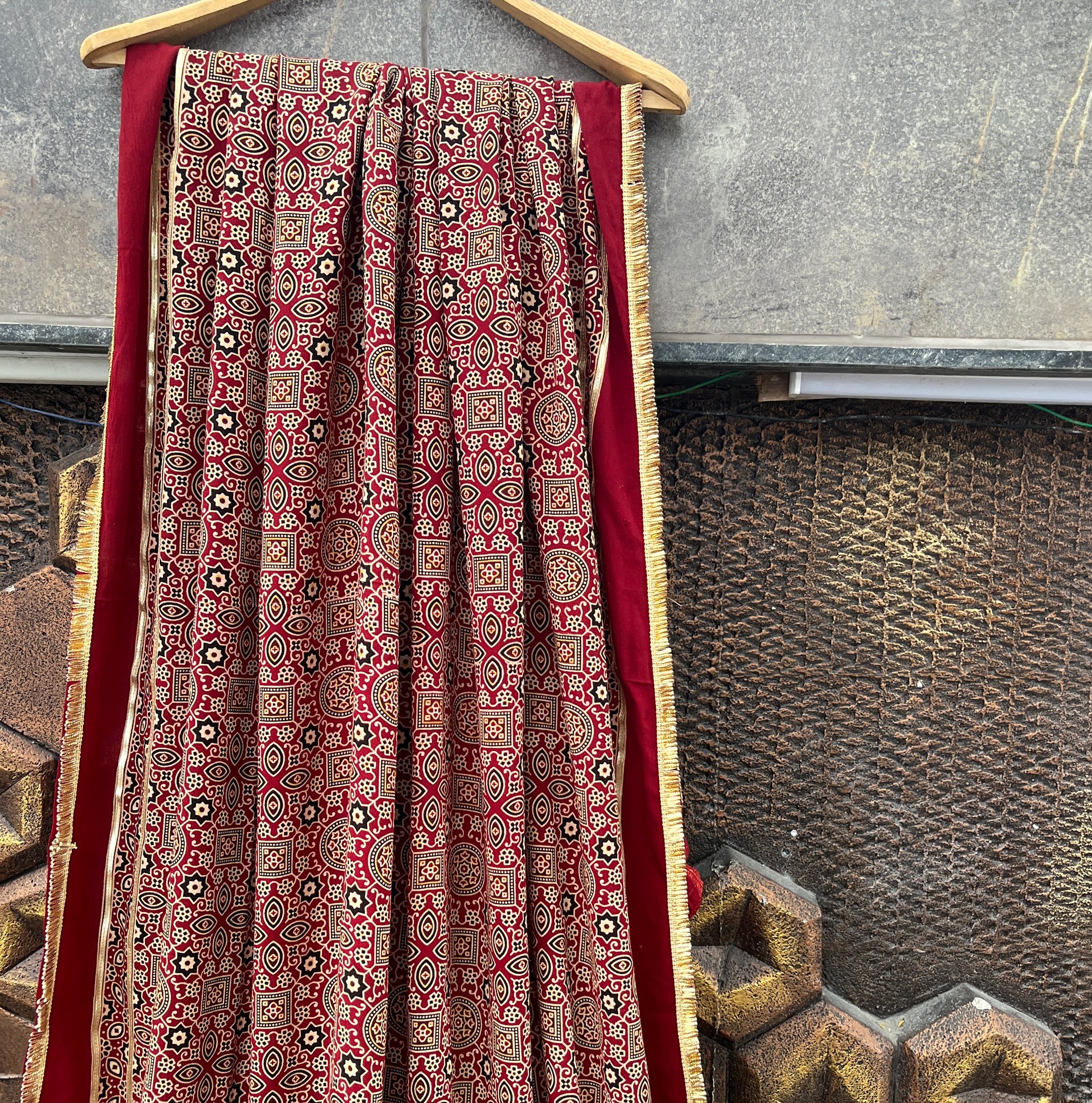 RED AJRAKH DUPATTA HANDMADEAHOLIC BY MISHKA