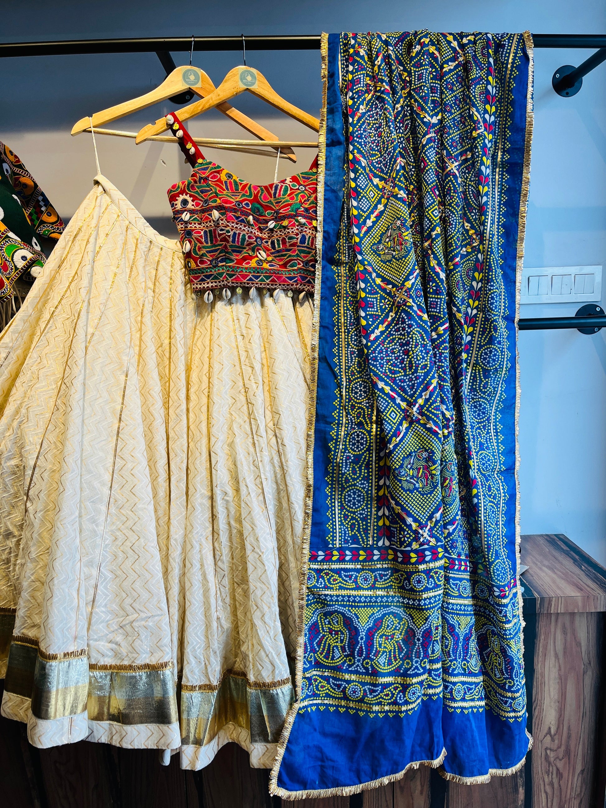 OFF WHITE AND BLUE BANDHANI CHANIYA CHOLI HANDMADEAHOLIC BY MISHKA