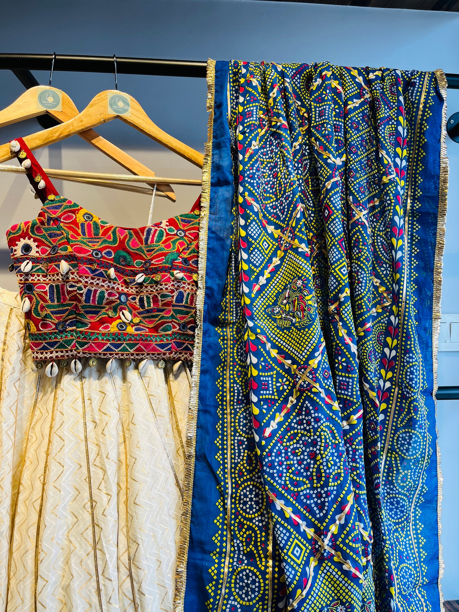 OFF WHITE AND BLUE BANDHANI CHANIYA CHOLI HANDMADEAHOLIC BY MISHKA
