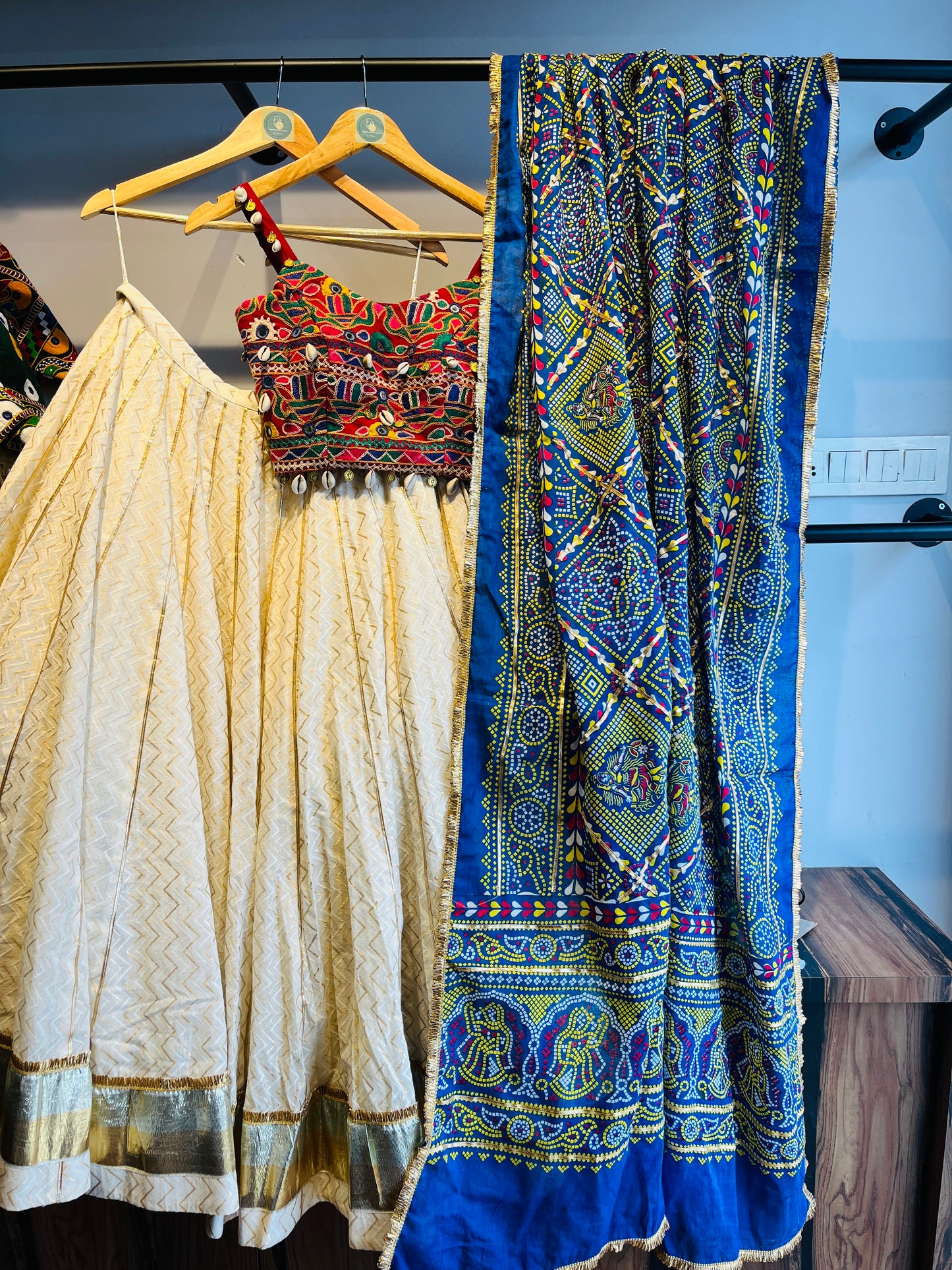 OFF WHITE AND BLUE BANDHANI CHANIYA CHOLI HANDMADEAHOLIC BY MISHKA