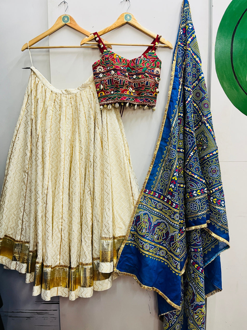 OFF WHITE AND BLUE BANDHANI CHANIYA CHOLI HANDMADEAHOLIC BY MISHKA