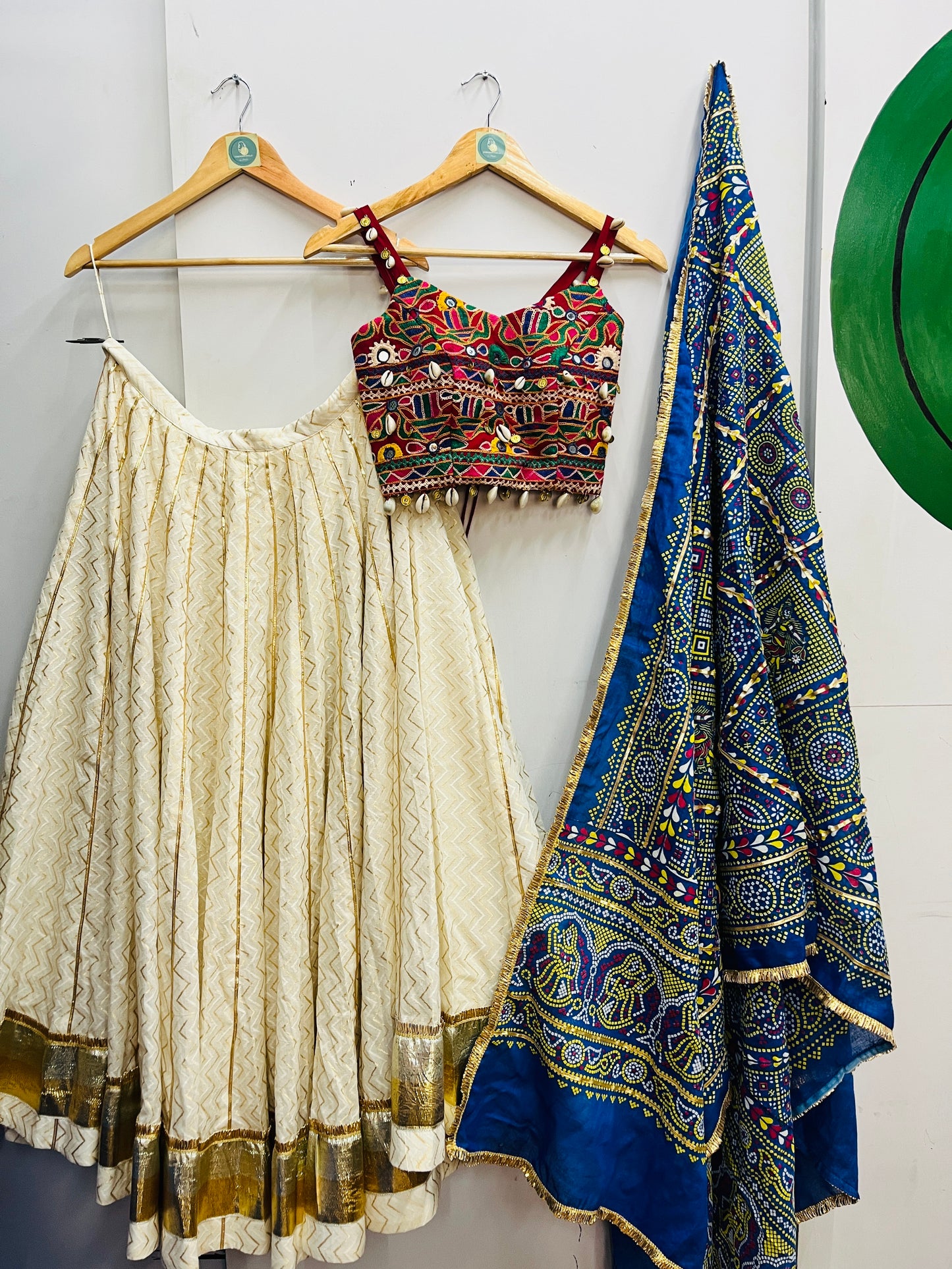 OFF WHITE AND BLUE BANDHANI CHANIYA CHOLI HANDMADEAHOLIC BY MISHKA
