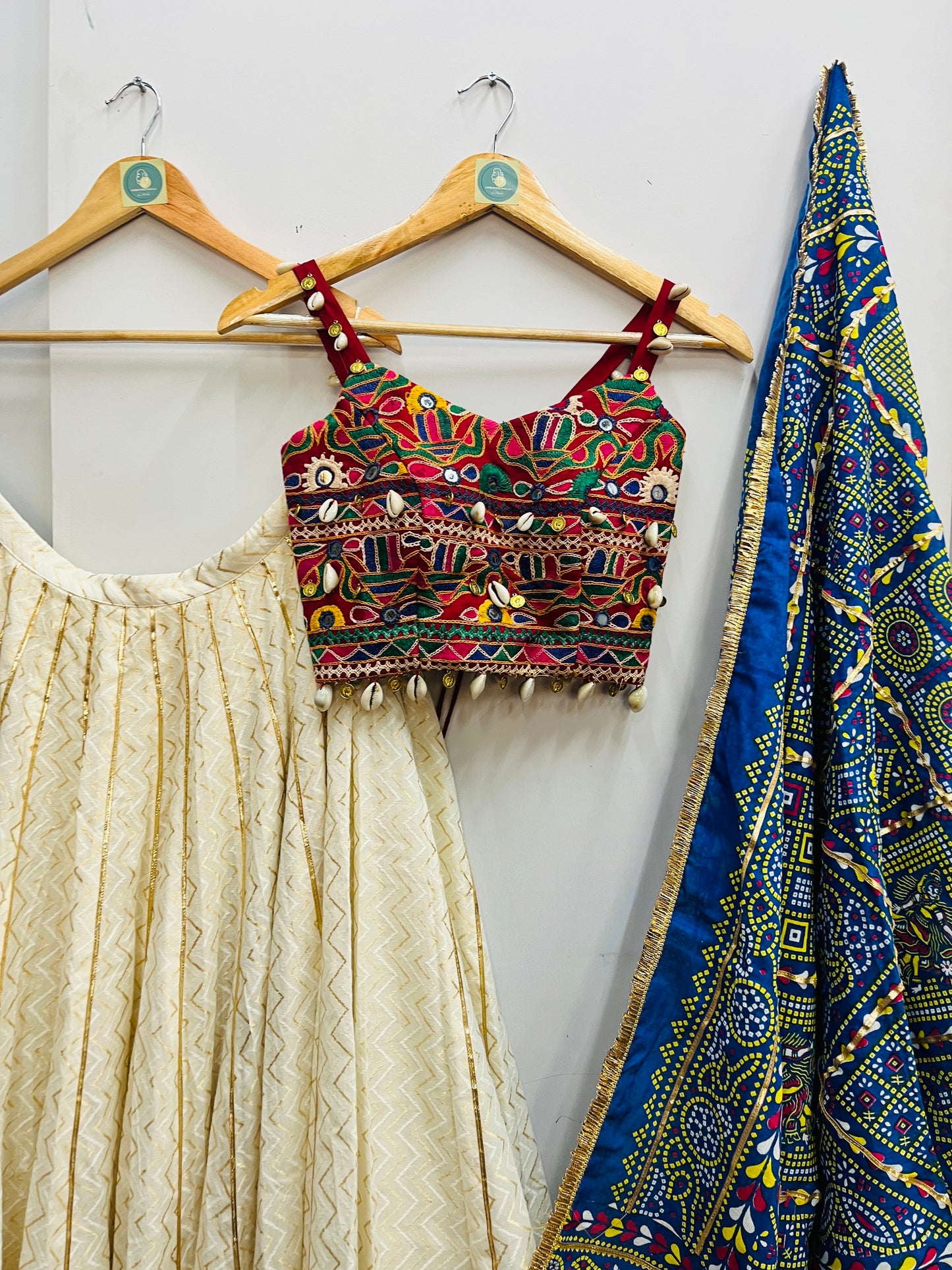 OFF WHITE AND BLUE BANDHANI CHANIYA CHOLI HANDMADEAHOLIC BY MISHKA