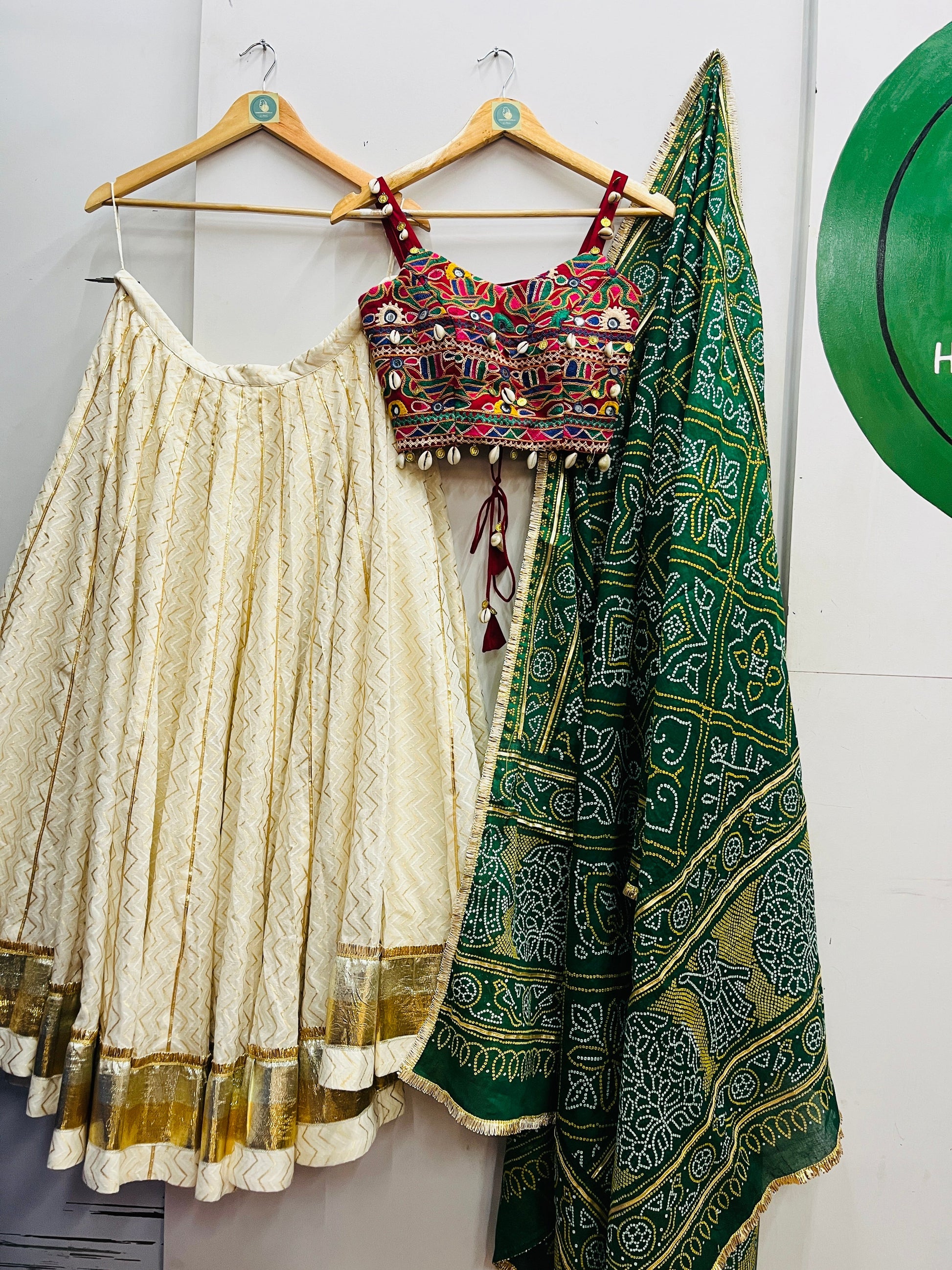 OFF WHITE AND GREEN BANDHANI CHANIYA CHOLI HANDMADEAHOLIC BY MISHKA