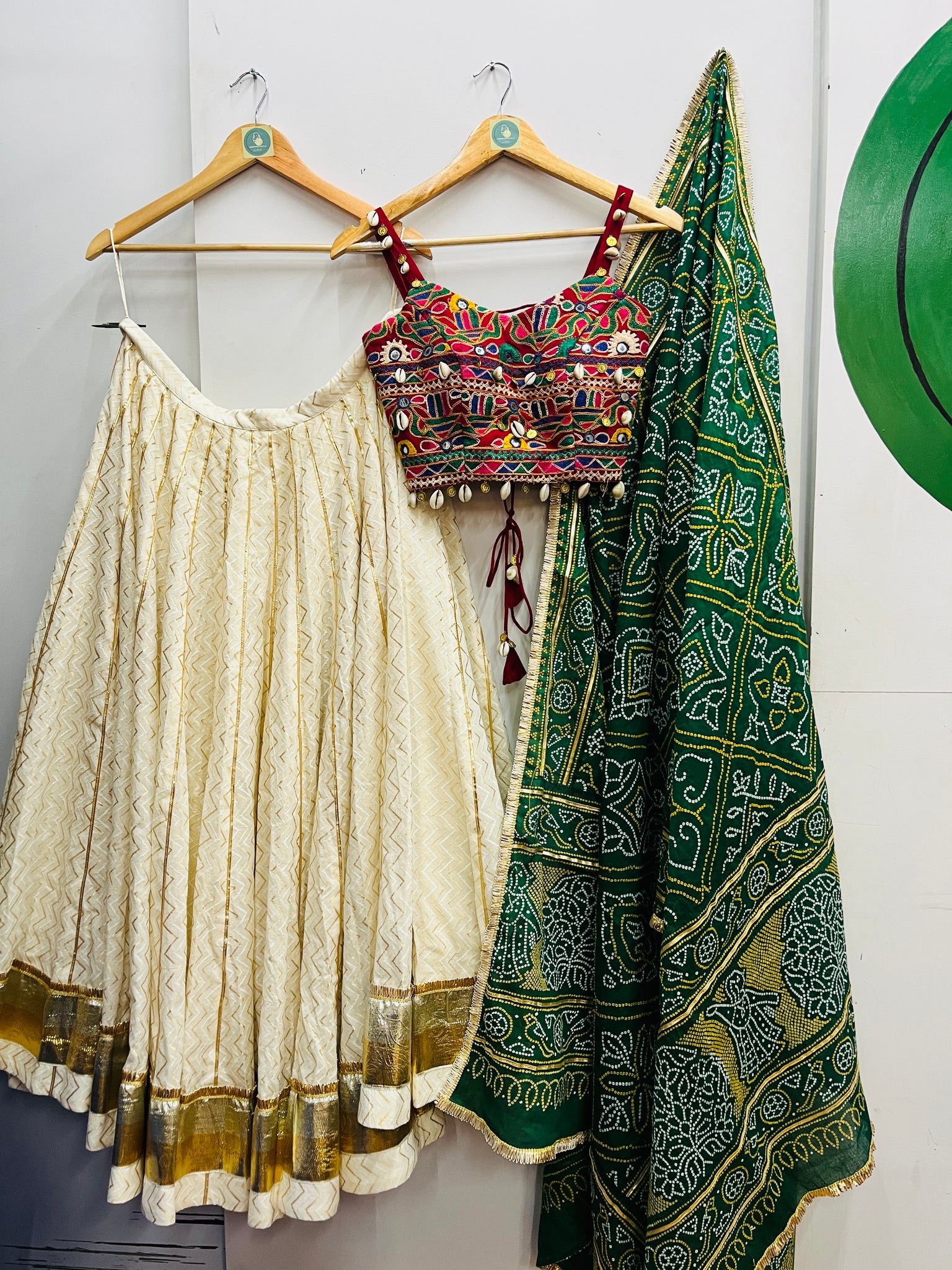 OFF WHITE AND GREEN BANDHANI CHANIYA CHOLI HANDMADEAHOLIC BY MISHKA