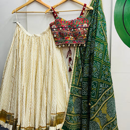 OFF WHITE AND GREEN BANDHANI CHANIYA CHOLI HANDMADEAHOLIC BY MISHKA